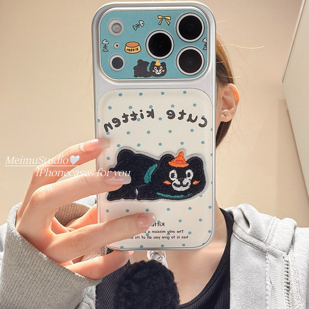 Meimu Hoạt Hình Vui Nhộn Mèo Đen Thêu Ba Chiều Dễ Thương Thích Hợp Cho iphone17promax Vỏ Điện Thoại 