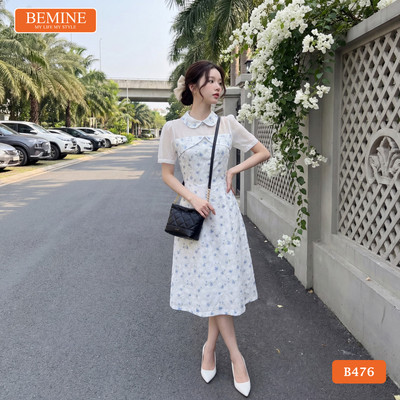 Đầm thiết kế BEMINE cổ sen dáng chữ A họa tiết hoa xanh phù hợp đi chơi-B476