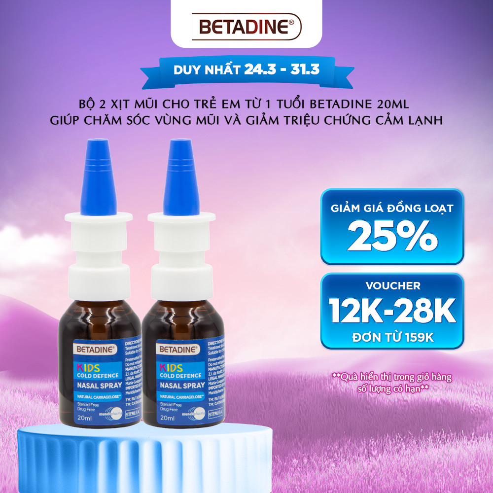 Bộ 2 xịt mũi cho trẻ em từ 1 tuổi Betadine 20ml giúp chăm sóc vùng mũi và giảm triệu chứng cảm lạnh