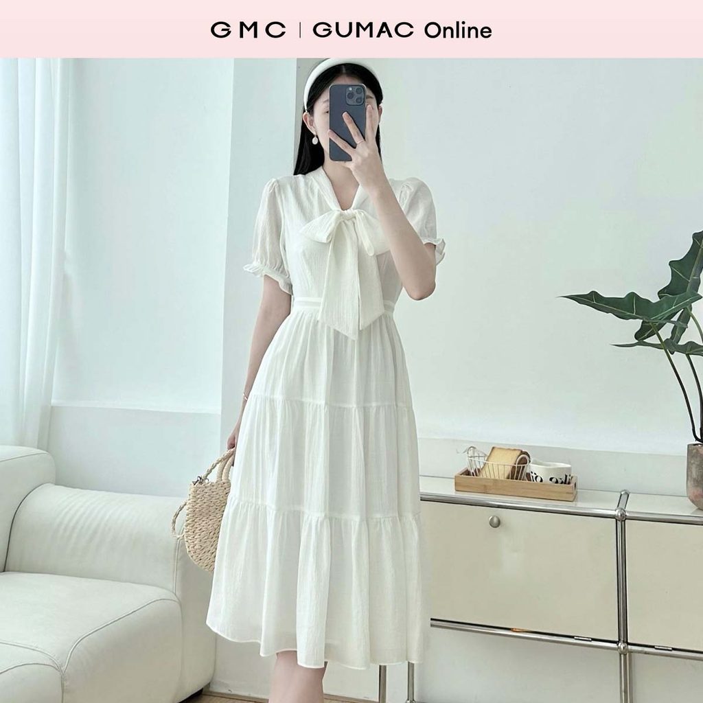 Đầm nữ tơ cổ nơ rã tầng thời trang GUMAC DE07019