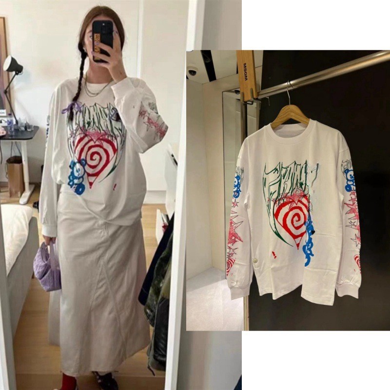 L2FM GAN* 24Early spring design with oversized letter heart bear print, round neck, loose fit, long 