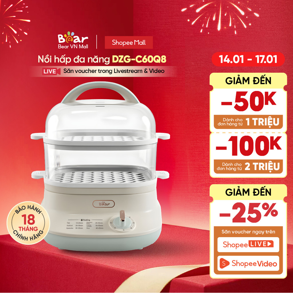 Nồi hấp thức ăn đa năng Bear DZG-C60Q8 - Hàng Chính Hãng BH 18 tháng