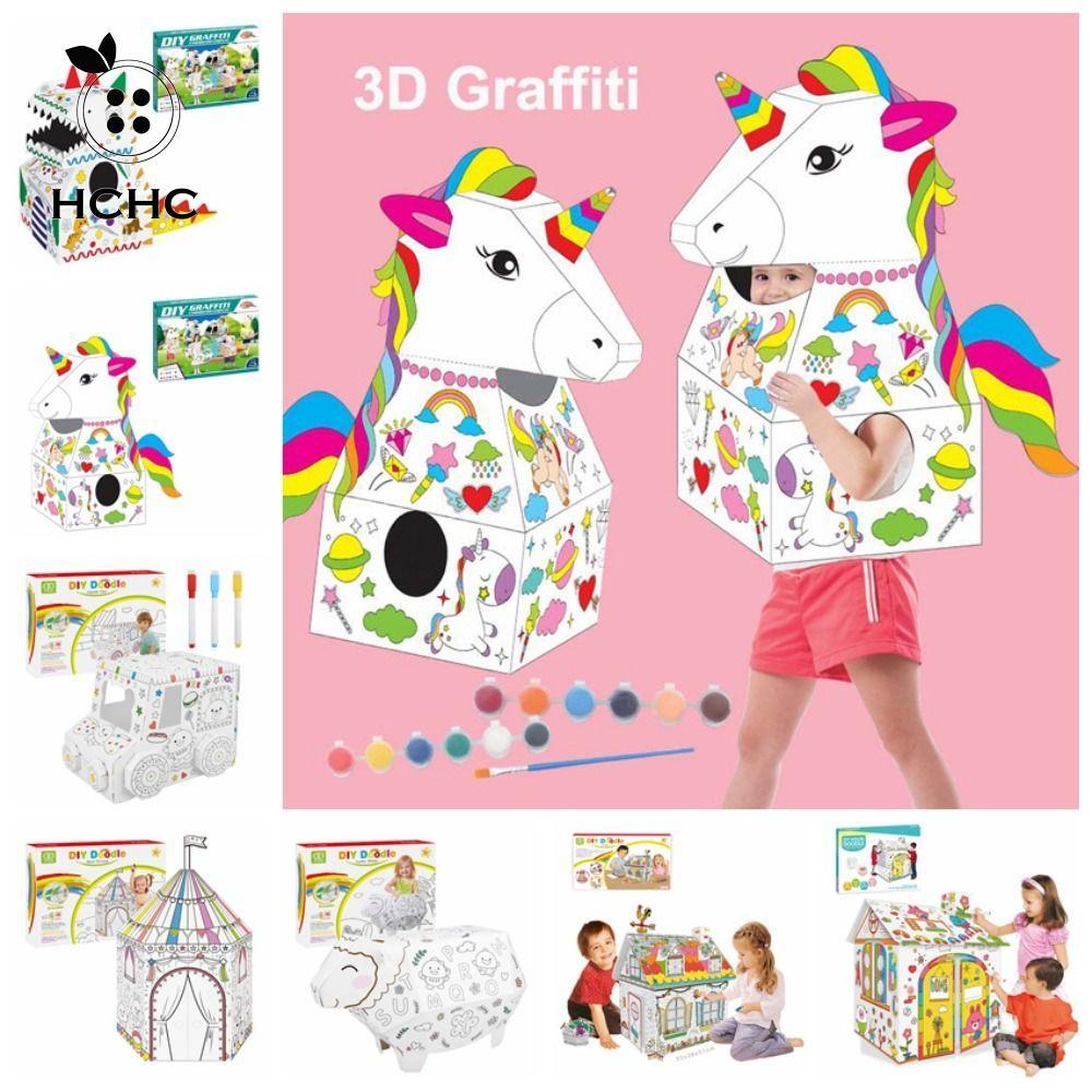 HCHC Cardboard Playhouse, Handmate Dinosaur DIY Large Cardboard Coloring, DIY House Kit 3D Car Graff
