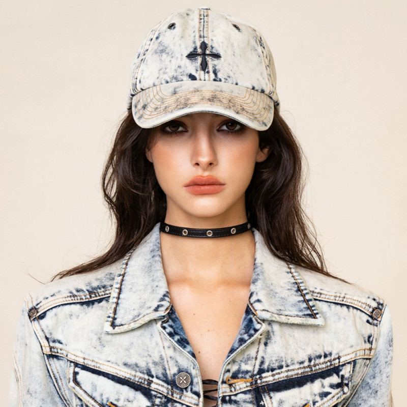 SMFK Cross Denim Baseball Cap Four Colors Embroidery Distressed Casual Cap New Distressed Baseball C