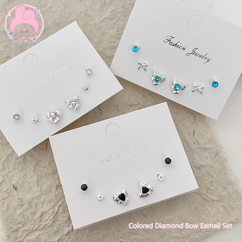 AoSunYuk Mini Earings Set cho nữ bé gái - Bộ 3 đôi hình học nhiều màu sắc dễ thương, thời trang Hàn 