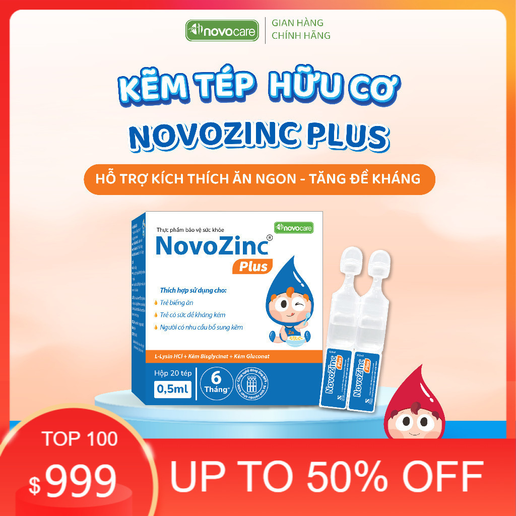 Kẽm tép Novocare Novozinc Plus bổ sung Kẽm & Lysin cho bé biếng ăn, hỗ trợ tăng đề kháng, thơm ngon