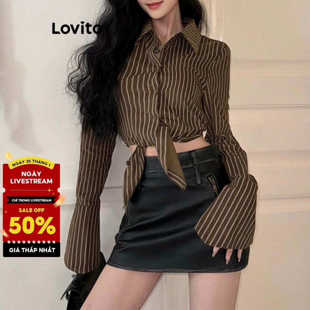 (Trendy) Áo kiểu nữ Lovito tay loa kèn buộc sau kẻ sọc phong cách thường ngày L106AD249