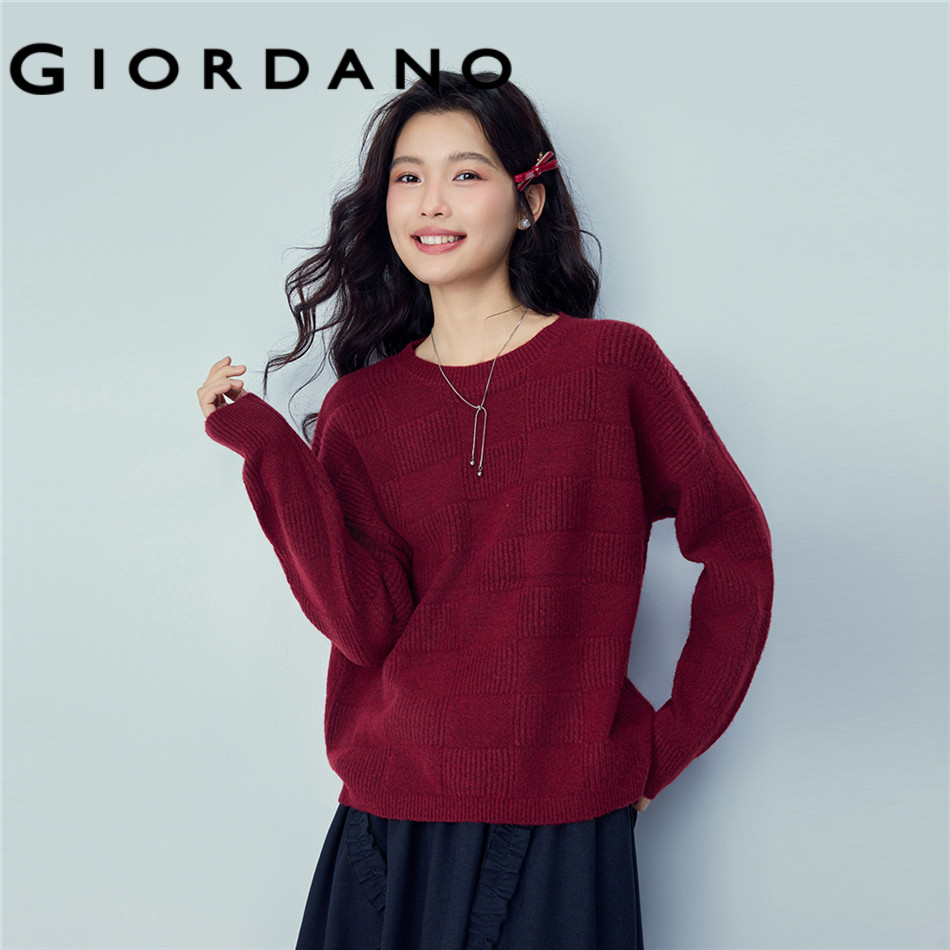 GIORDANO WOMEN Textured check crewneck sweater 13355864
