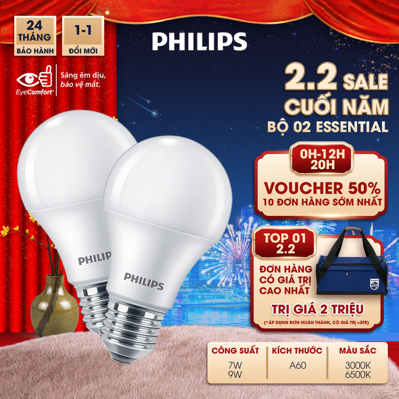 Bóng đèn LED Philips A60 - 6W, Ánh sáng ấm, E27, Kích thước 12.2cm, Trọng lượng 0.065kg