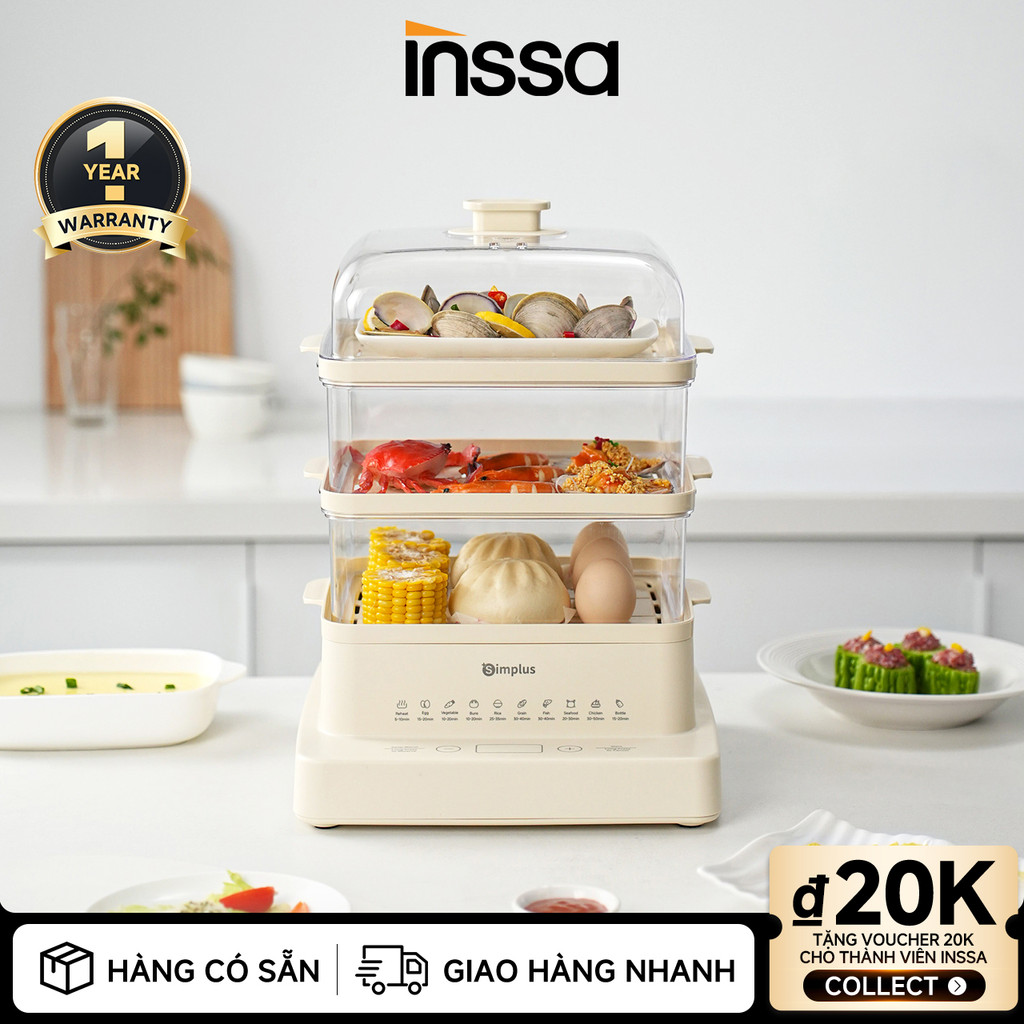 Inssa × Simplus Nồi hấp điện Đa năng 3 tầng lắp ráp linh hoạt Dung tích lớn 14L DZEG003