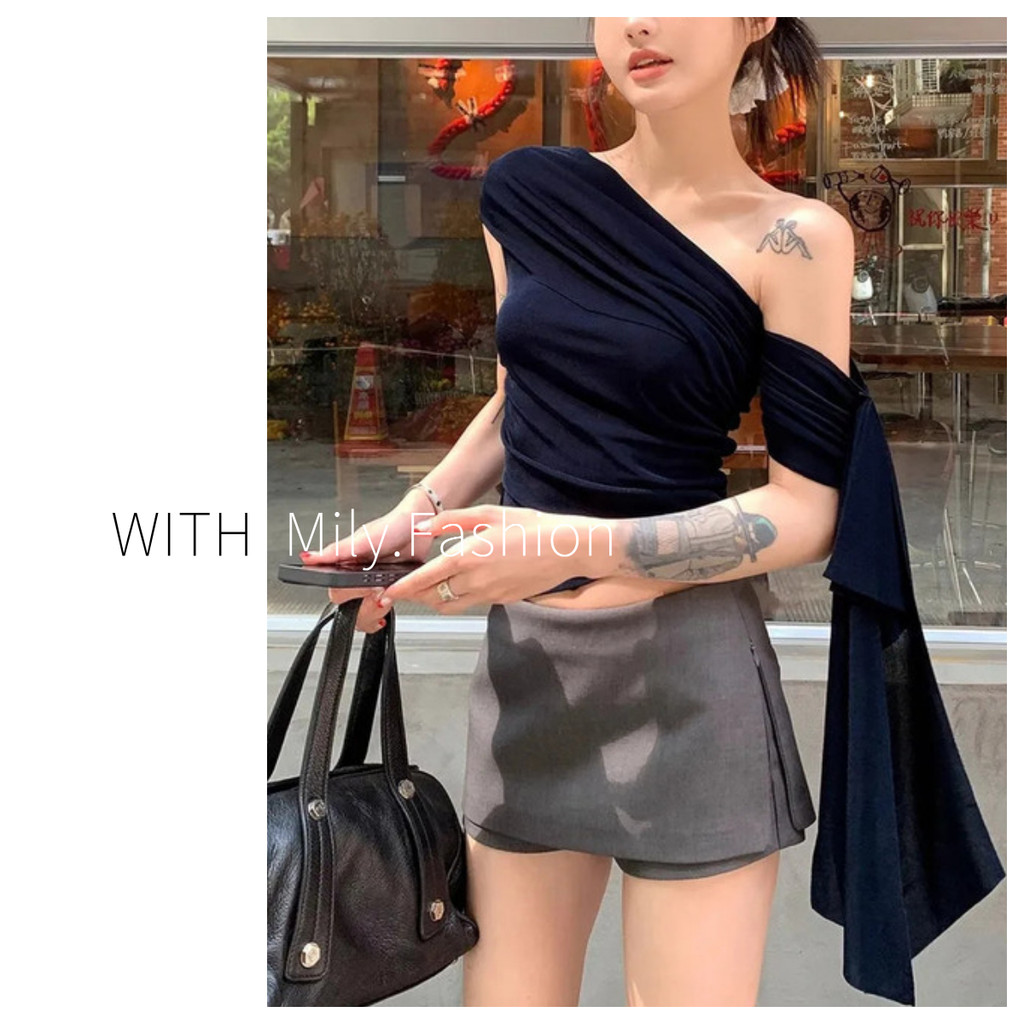 Milyfashion Pure Desire Slanted Vai Cổ Phẳng Tay Ngắn Áo Thun Slim-fit Slimmer Look Ribbon Top