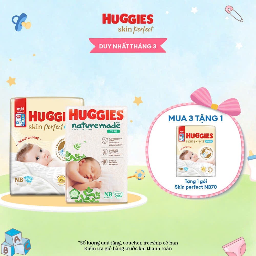 Tã/ Bỉm dán Huggies Skin Perfect NB l Huggies Naturemade NB cho bé dưới 5kg