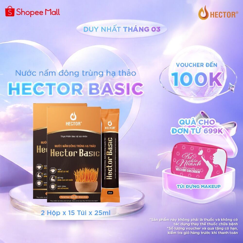 Bộ 2 Hộp Nước nấm Đông Trùng Hạ Thảo Hector Basic hỗ trợ bồi bổ sức khỏe hằng ngày ( 2 hộp x 15 gói 