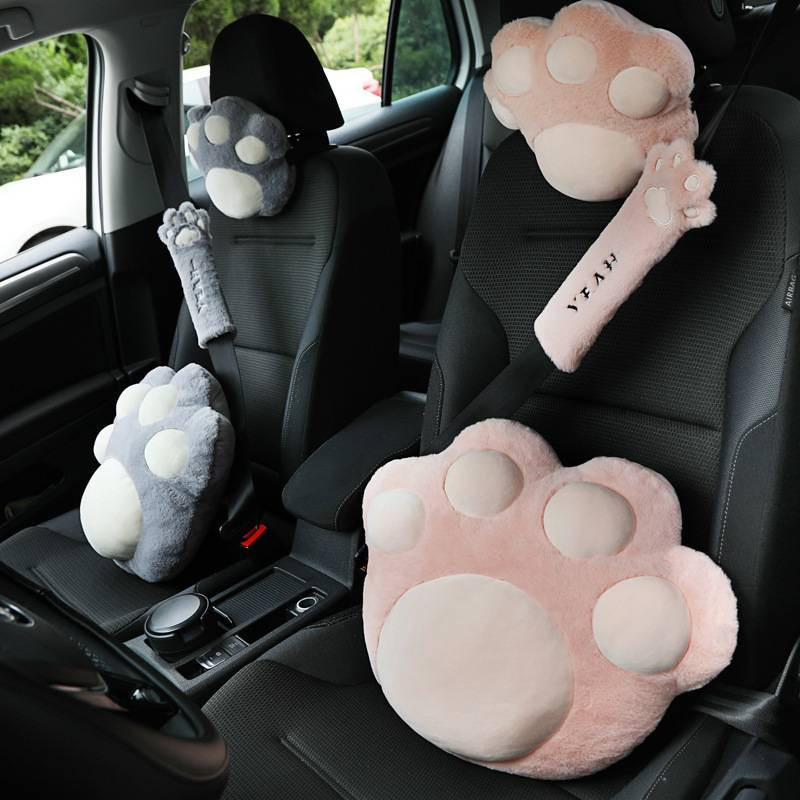 Cute cat claw pillow car interior decoration Pair of Headrest Pillows and Car Seat Belts in the shap