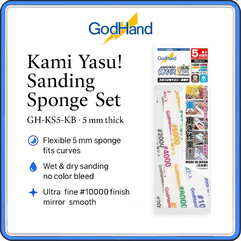GodHand Kami-Yasu GH-KS5-KB 5 mm Sanding Sponge Set – 5 Grits #2000-#10000, Flexible Wet/Dry Abrasiv