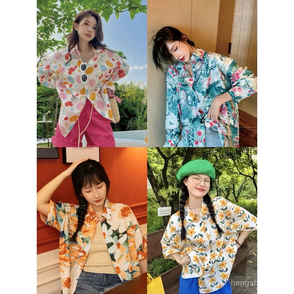 Lubuzuo Áo sơ mi hoa retro phong cách mới, style Hong Kong thời kỳ 80s & 90s