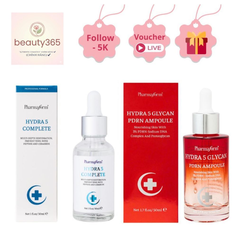 Serum Pharmaform Hydra 5 Complete, Hydra 5 Glycan PDRN Ampoule phục hồi, cấp ẩm chuyển biệt.