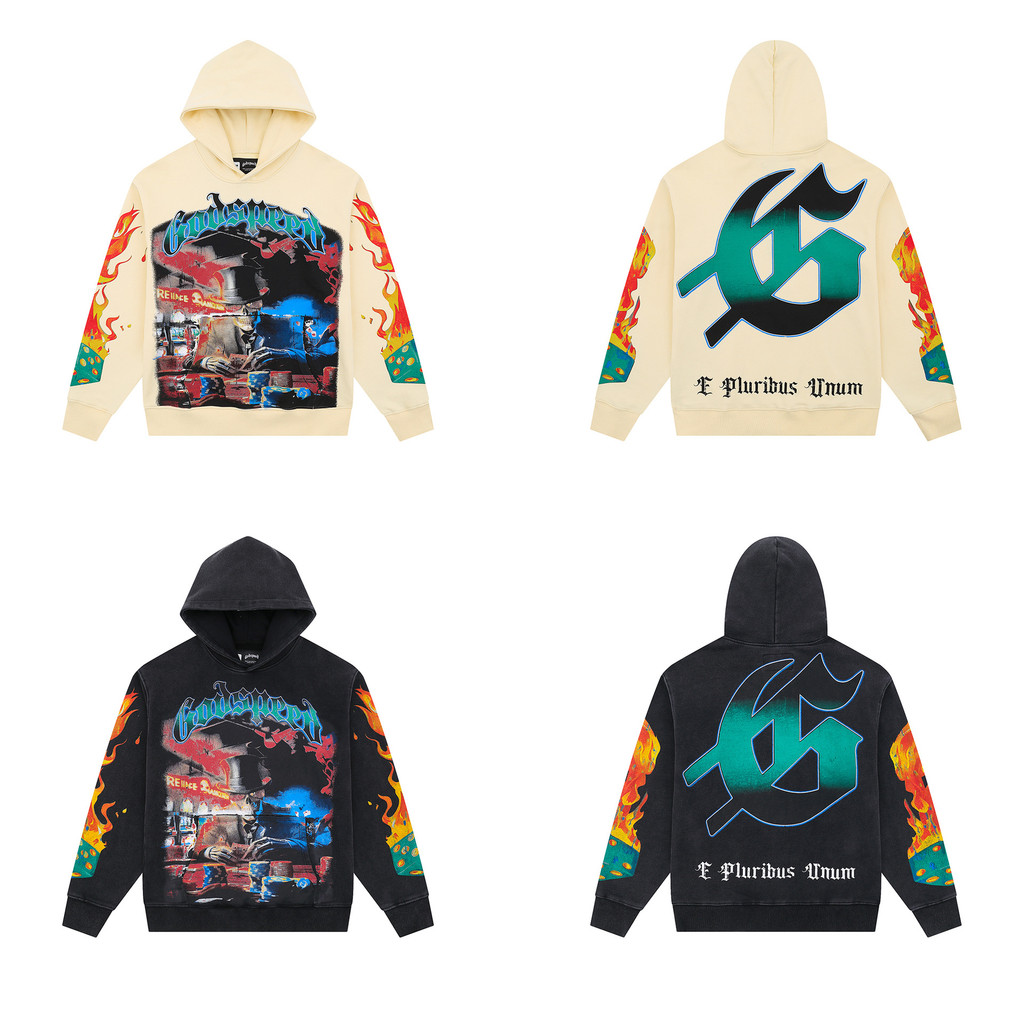 GUZF Godspeed Hoodie Washed distressed skull chip print unisex loose casual hoodie sweatshirt trendy