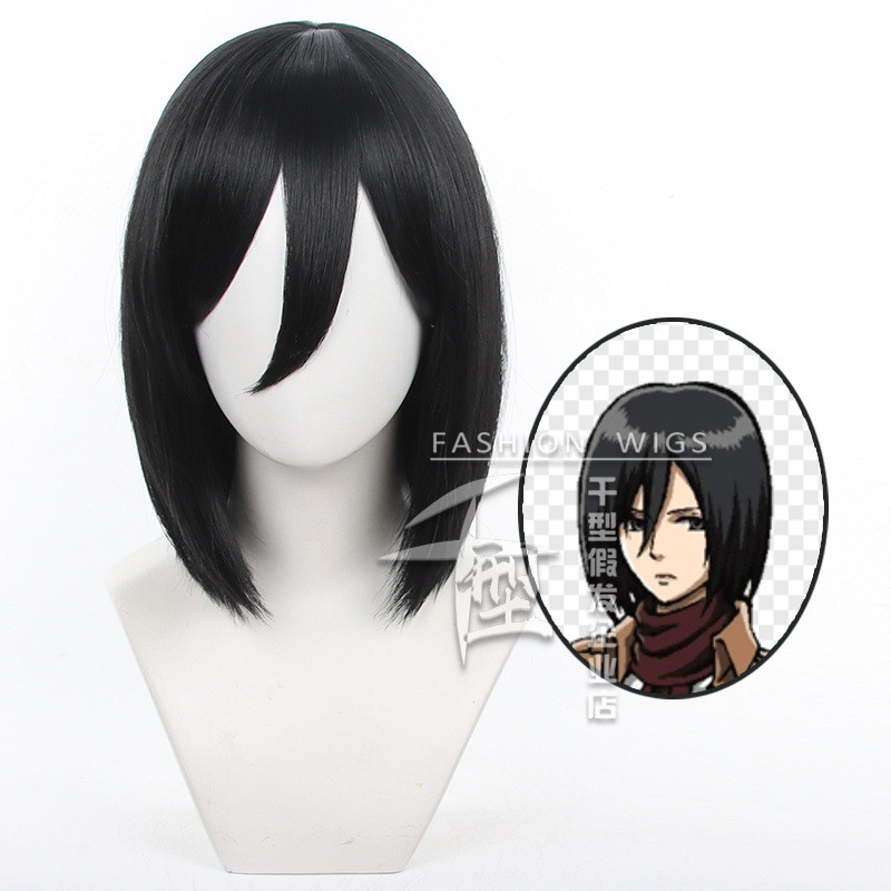 Misscoo Tóc giả cosplay Mikasa Ackerman, ngắn bob đen chịu nhiệt tổng hợp