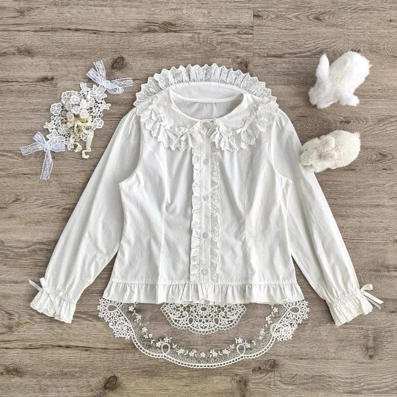 Nhật Bản Gothic Áo Sơ Mi Búp Bê Cổ Tay Dài Ngọt Ngào Puff Tay Nữ Gothic Bên Trong Áo Sơ Mi
