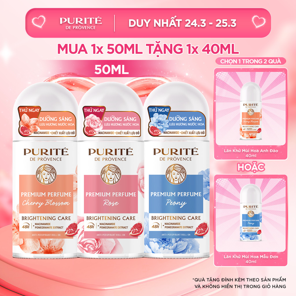 Combo Lăn Khử Mùi Dưỡng Sáng Hương Nước Hoa Cao Cấp Purité 50ML và Lăn Khử Mùi Dưỡng Sáng 40ML