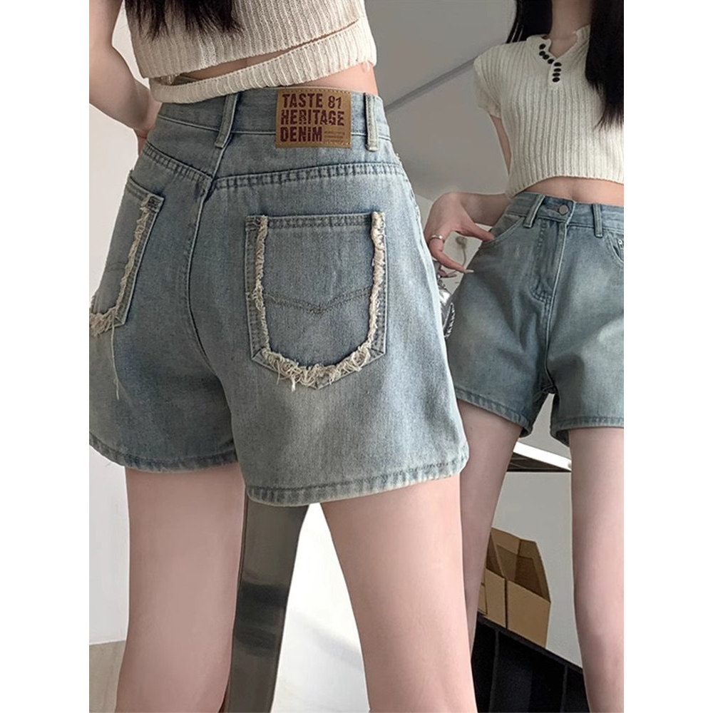 quần short nữ quần short nữ cạp cao Quần Short Denim Nữ Mùa Hè 2025, Phong Cách Retro Hồng Kông, Ống