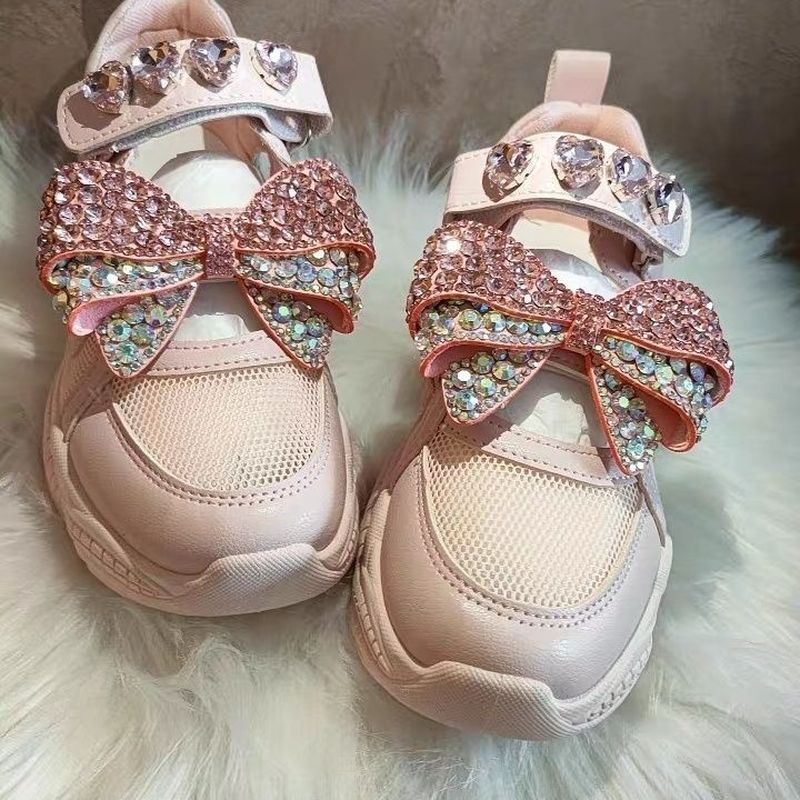 Bow Crystal Hand-Sewn Glass Gem Platform Sandals Giày Bố Giày Sneaker x
