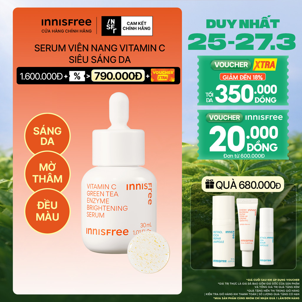 Serum Vitamin C sáng da, mờ thâm mụn INNISFREE Green Tea Enzyme Brightening Serum 30ml