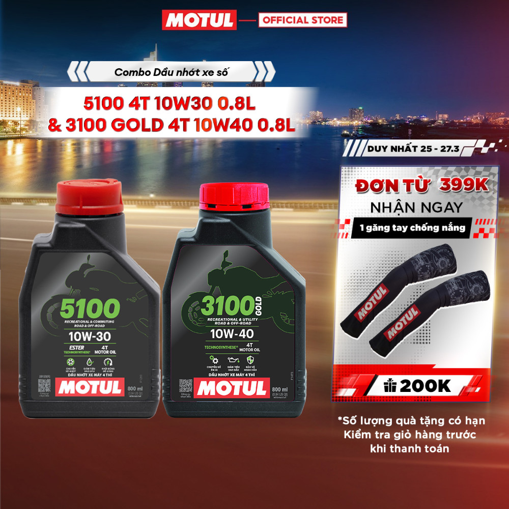 Combo Dầu nhớt xe máy MOTUL 5100 4T 10W30 0.8L và Dầu nhớt xe máy MOTUL 3100 GOLD 4T 10W40 0.8L