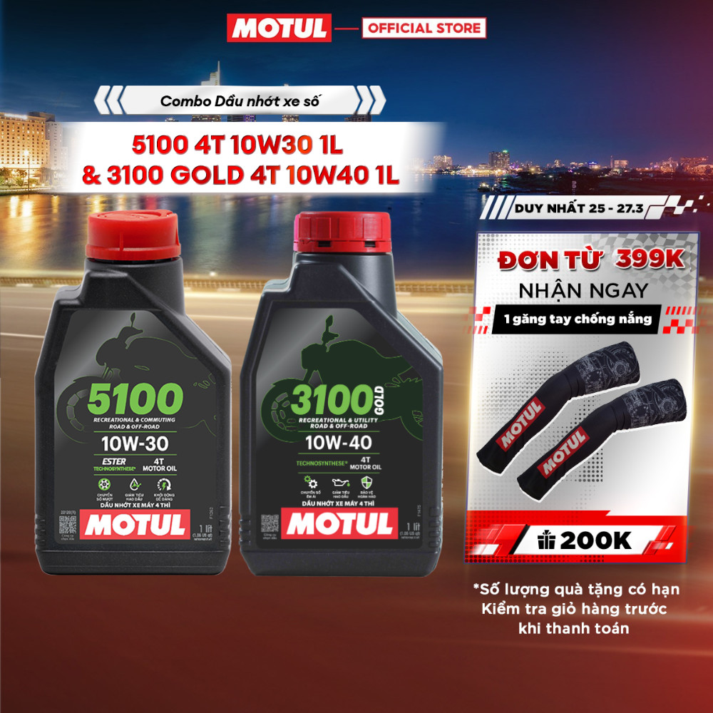 Combo Dầu nhớt xe máy MOTUL 5100 4T 10W30 1L và Dầu nhớt xe Máy MOTUL 3100 GOLD 4T 10W40 1L