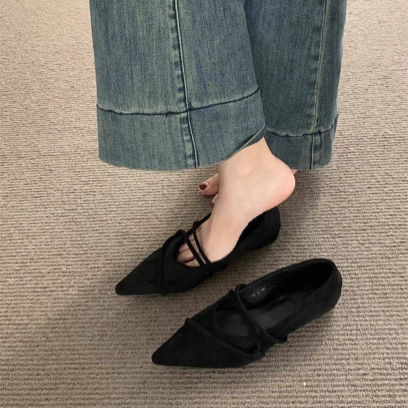 French Suede Flat Pointed Korean Retro Style Slip-on Mary Jane Shoes Flat Shoes fmfC
