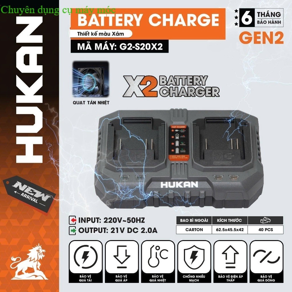 Sạc đôi HUKAN G2-S20X2, Công suất 2A, Bảo vệ dòng, Có quạt tản nhiệt -chân phổ thông SHOP DỤNG CU