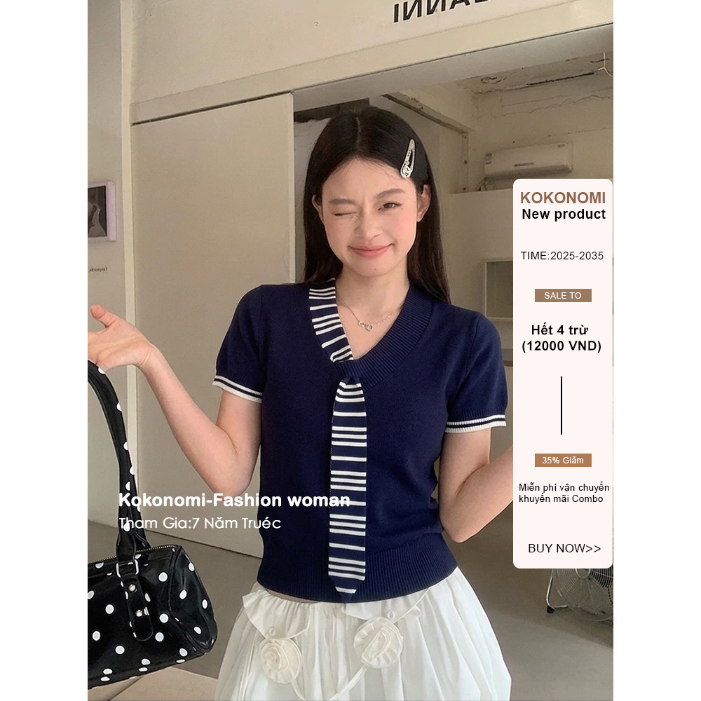 KOKONOMI Áo len cổ chữ V chắp vá