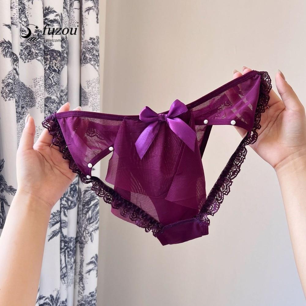 FUJIOU Sheer Bow Ren Thông, Eo Thấp Nơ Lưới Ren Hoa Quần Đùi Nữ, Hoa T-Back Quần Lót Quần Lót Quần L