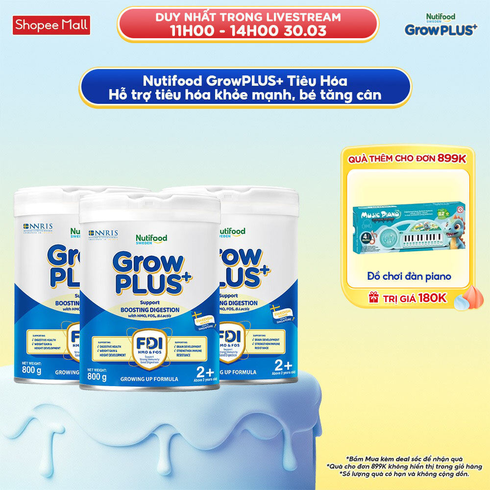 Combo 3 Sữa bột Nutifood Sweden GrowPLUS+ Tiêu Hóa (Xanh Nhạt) 2+ - Tiêu hóa khỏe, tăng cân (Lon 800