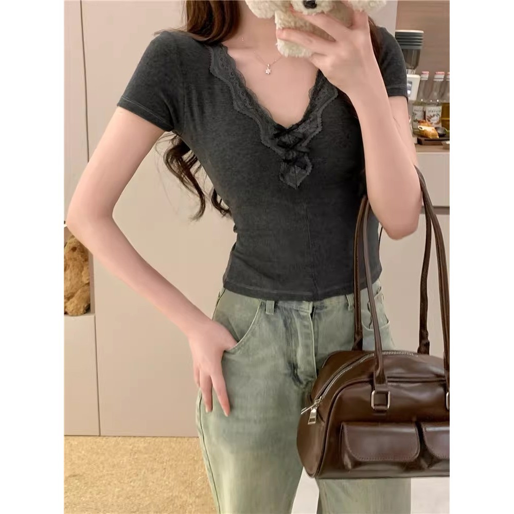 Áo thun nữ ren ren nơ ngắn Slim-fit phong cách Hàn Quốc hàng đầu | BigBuy360 - bigbuy360.vn
