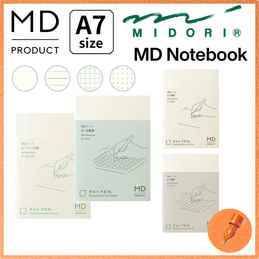 MIDORI DESIGNPHIL MD Notebook A7 Size, Blank/Lined/Grid/Dot Grid Options