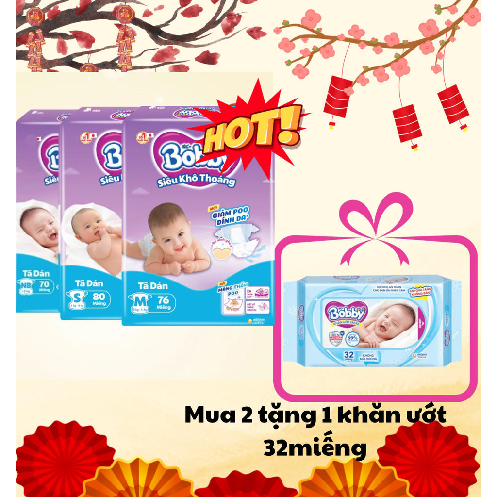 Tã/bỉm DÁN BOBBY lõi nén (XS70)NB70/S80/M76/L68 Quần mở một bên NB70+6/S80 mới