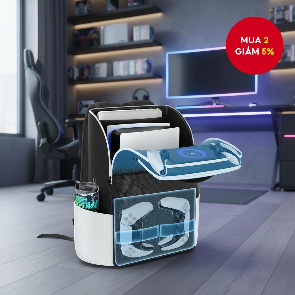 Ba lô cho PS5/Slim/Pro, túi bảo vệ, dung tích lớn cho 2 tay cầm, PS Portal, laptop, thẻ game.