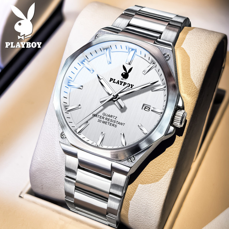 Đồng hồ thạch anh Playboy 3123 Đồng hồ đeo tay đơn lịch hình bát giác dành cho nam Đồng hồ dạ quang