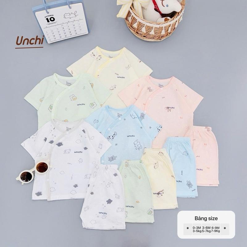 /Bộ cộc tay Chính Hãng UNCHI chất petit sợi tre Vân 3D in kín khuy bấm chéo cho bé UC 049.///