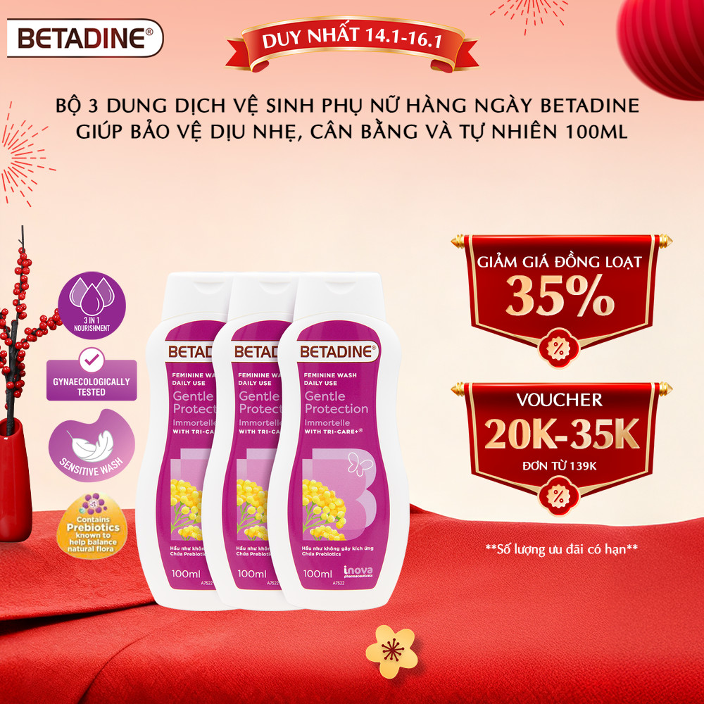 Bộ 3 Dung dich vệ sinh phụ nữ Betadine Bảo Vệ Dịu Nhẹ 100ml (100ml x 3)
