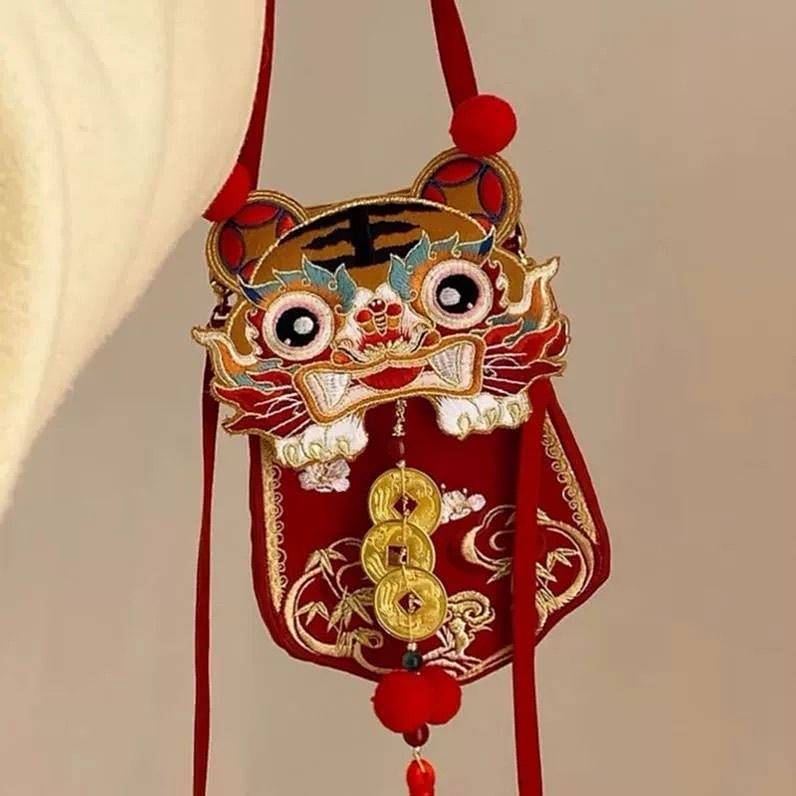 Baby New Year Greeting Bag New Year Red Envelope Kid's Messenger Bag Coin Purse Tiger Head Embroider