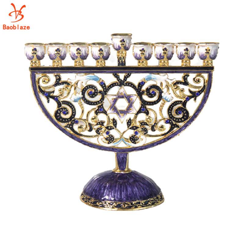 Baoblaze Vẽ Tay Menorah Candelabrum Tôn Giáo Bejeweled 9 Nhánh Chân Nến Đảng Bàn Trung Tâm Đồ Trang 