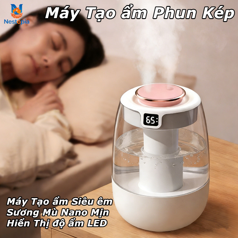 Máy Tạo ẩm Phun Kép,Hiển Thị độ ẩm LED,Máy Tạo ẩm Siêu êm,Sương Mù Nano Mịn,Tự Ngắt Khi Thiếu Nước,Kiêm Luôn đèn Ngủ