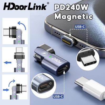 Bộ chuyển đổi sạc từ tính HdoorLink USB C PD240W Type C 180° Bộ chuyển đổi truyền dữ liệu sạc xoay