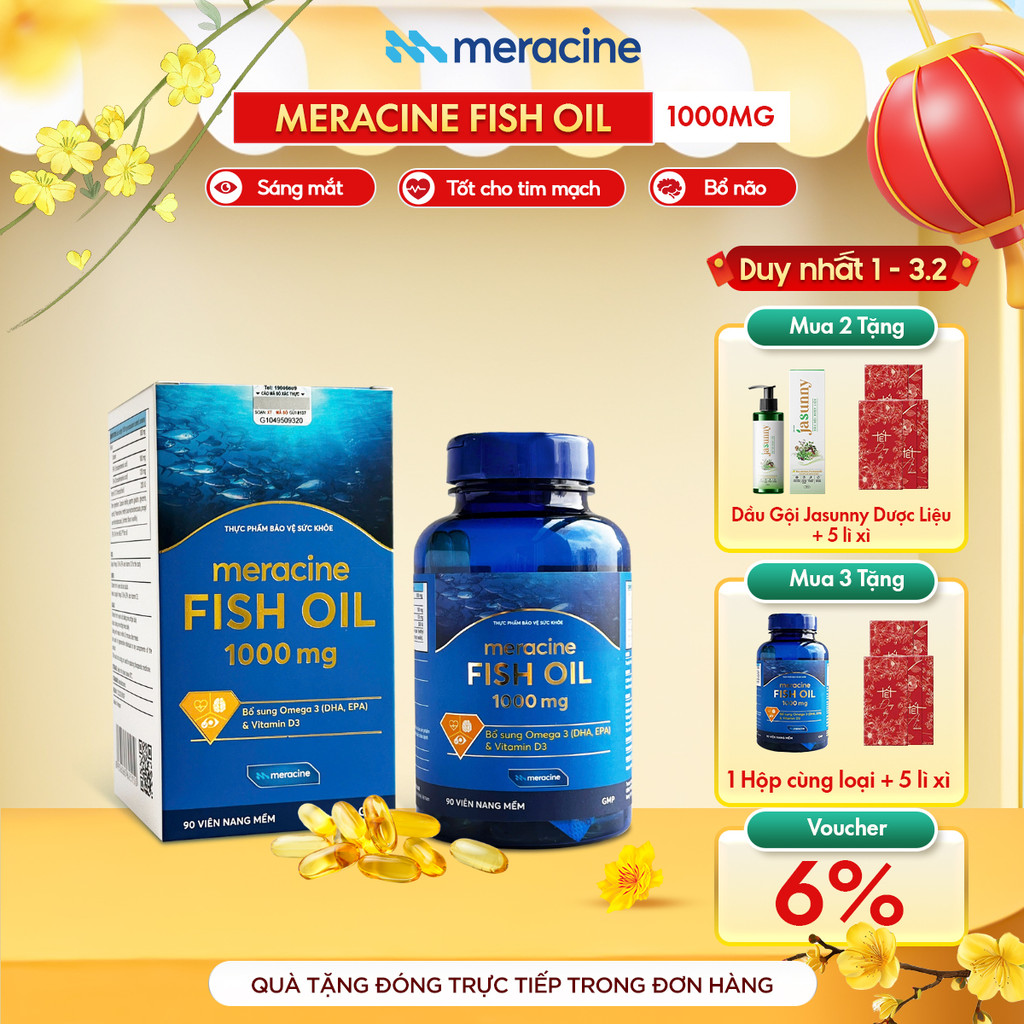 Viên uống dầu cá Omega 3 - Meracine Fish Oil hỗ trợ sáng mắt, bổ não, tốt cho tim mạch (hộp 90 viên)
