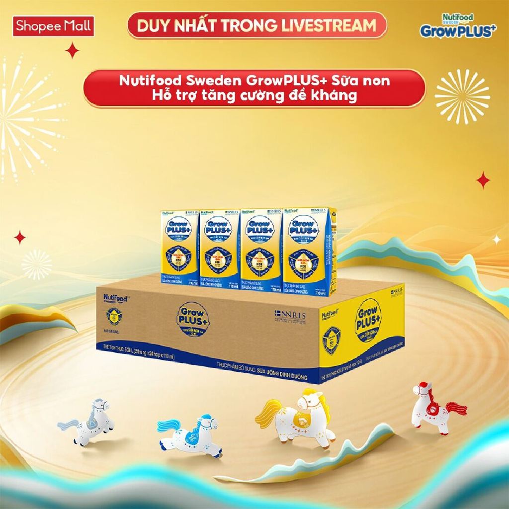 [LIVESTREAM KOL] Thùng Sữa Bột Pha Sẵn GrowPLUS+ Sữa Non Tăng Đề Kháng 110ml - (48 Hộp x 110ml)