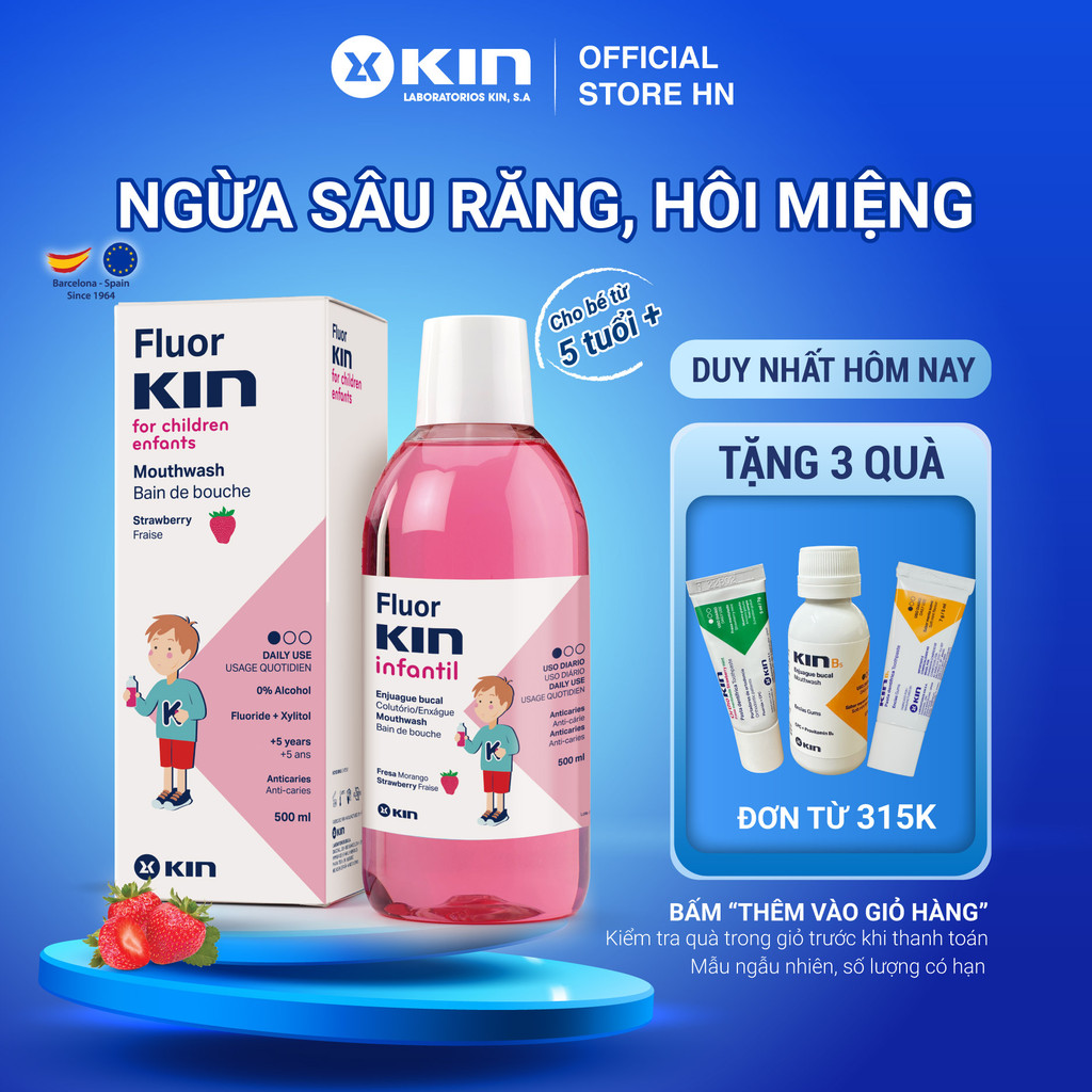 Nước Súc Miệng Kin Trẻ Em Fluor KIN Infantil Ngừa Sâu Răng, Hôi Miệng, Không Cồn, Cho Bé Từ 5 tuổi, Vị Dâu, 500ml