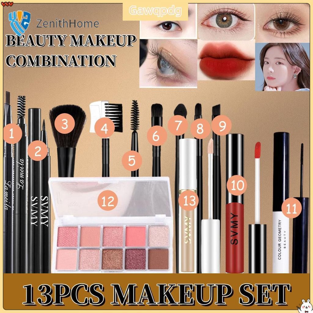 COD❤ Bộ trang điểm hoàn chỉnh 13 món LAMEILA: Phấn mắt 10 màu + Kem che khuyết điểm SVMY + Son bóng 